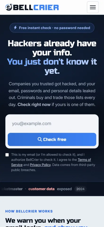 BellCrier homepage on a mobile phone