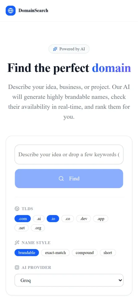 Exposiem DomainSearch homepage on a mobile phone